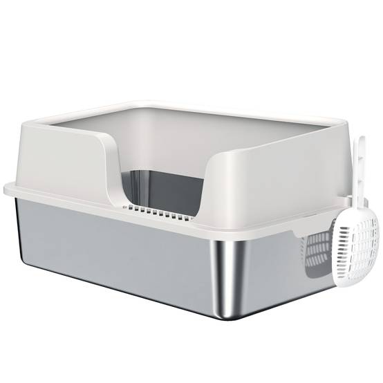 Bac litière chat acier inox PP bords hauts grand espace anti-odeur 60x40x28cm gris - ComfortXL Outdoor Living - Image 2
