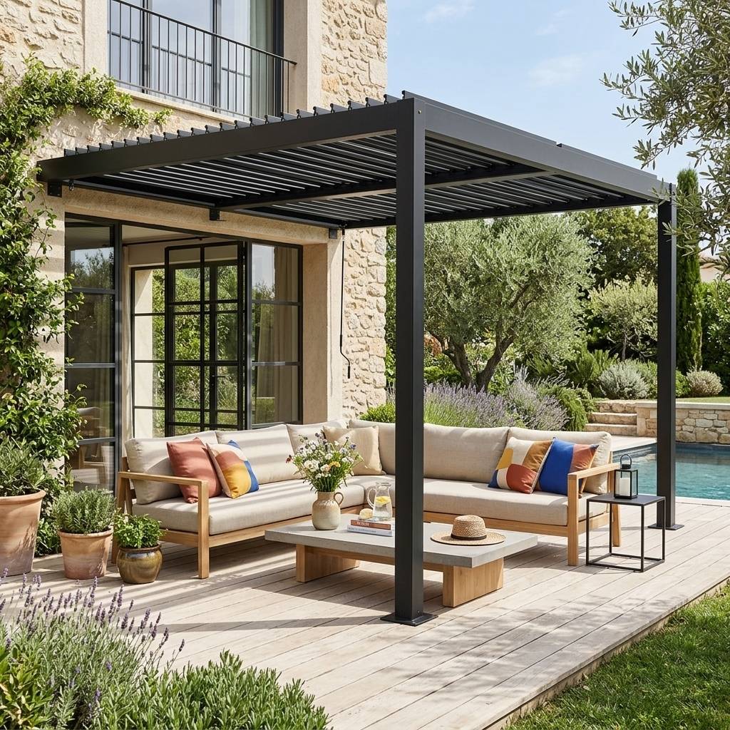 sweeek - Pergola bioclimatique aluminium adossée lames orientables 3x3m Palace noir | sweeek - Image 1