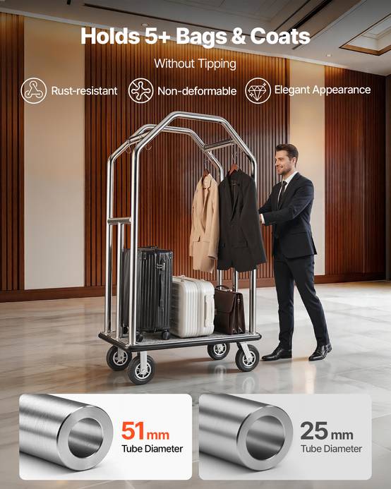 VEVOR Chariot à Bagages d'Hôtel Porte-Bagages 680,39 kg Barres Suspension Argent - Image 5