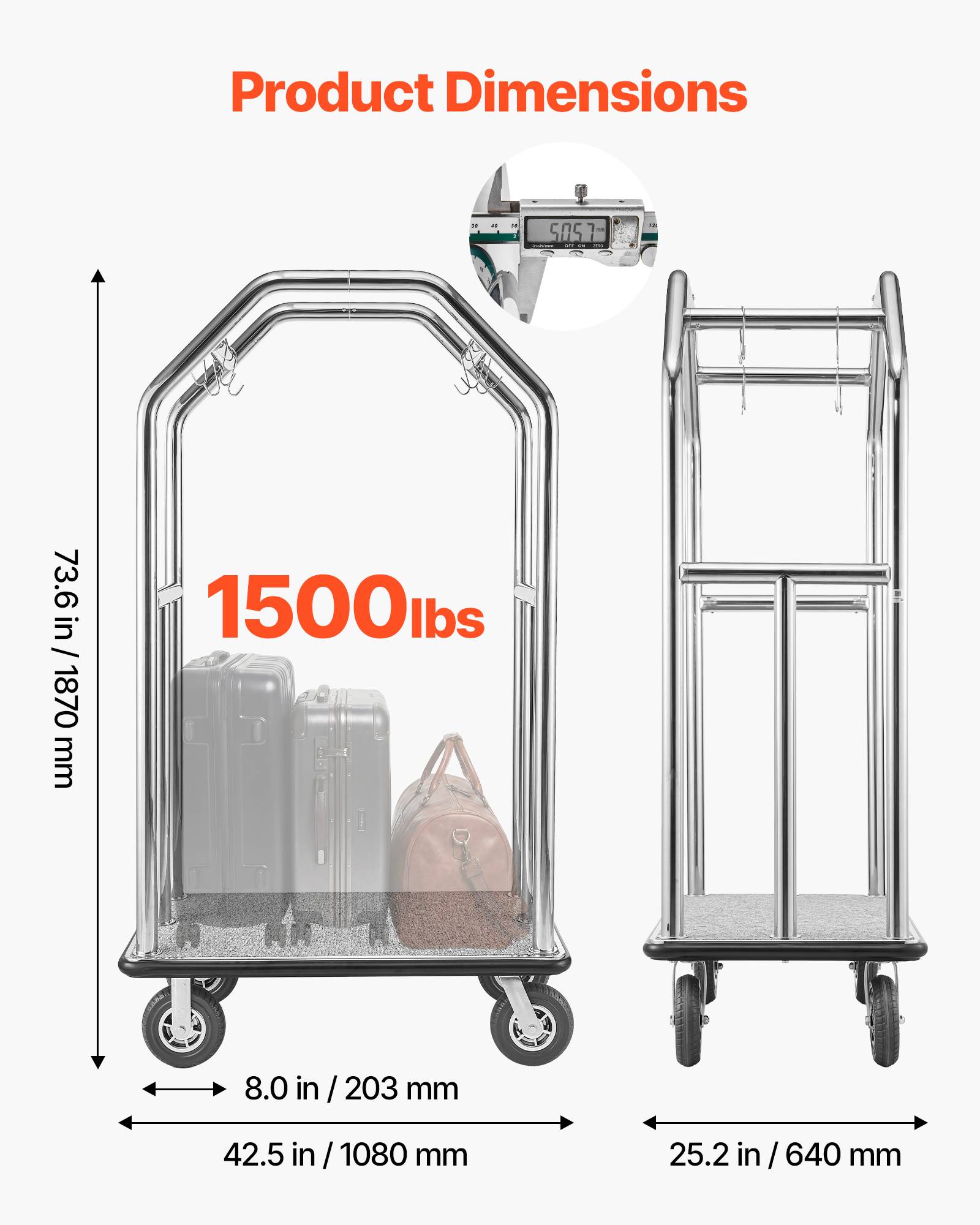 VEVOR Chariot à Bagages d'Hôtel Porte-Bagages 680,39 kg Barres Suspension Argent - Image 3