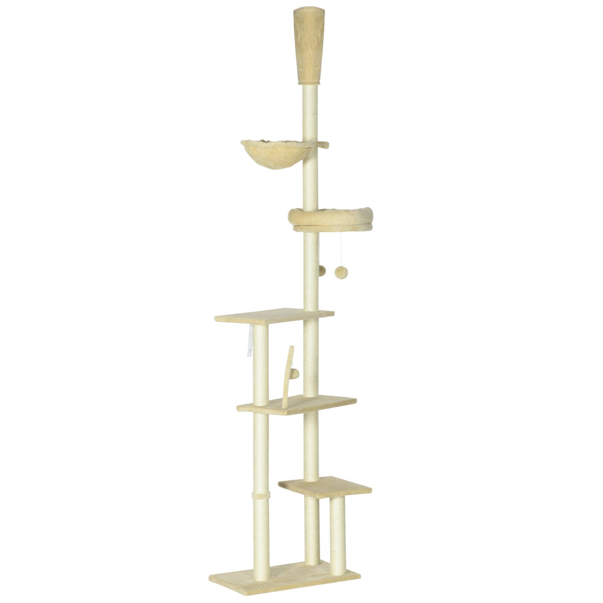 Arbre à chat beige sol plafond 230-250 cm, hauteur réglable, plateformes, paniers, hamac, balles, ajustable - Image 2