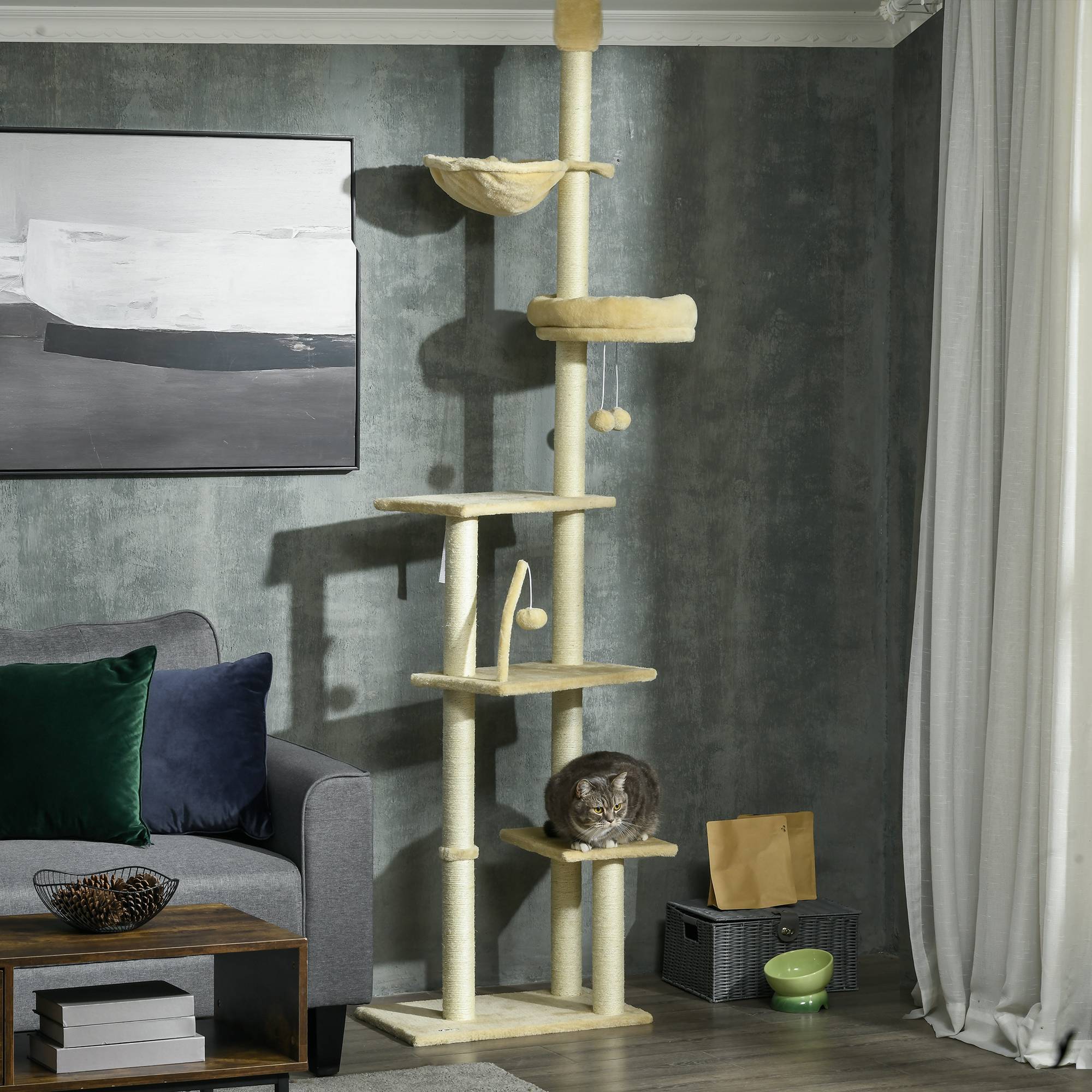 Arbre à chat beige sol plafond 230-250 cm, hauteur réglable, plateformes, paniers, hamac, balles, ajustable - Image 3