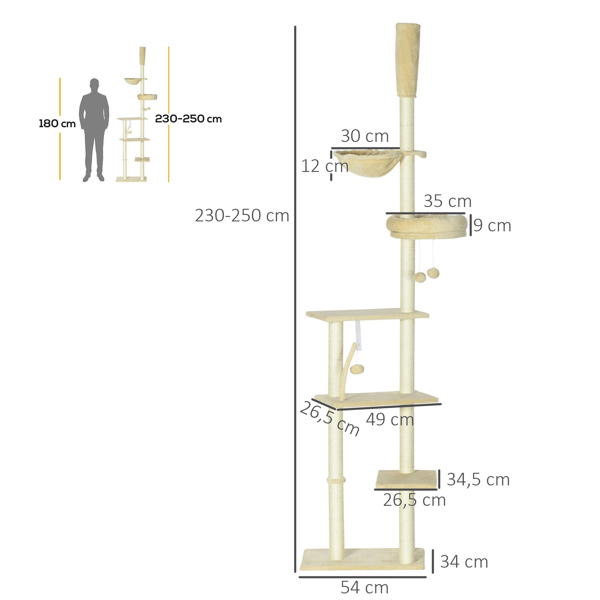 Arbre à chat beige sol plafond 230-250 cm, hauteur réglable, plateformes, paniers, hamac, balles, ajustable - Image 5
