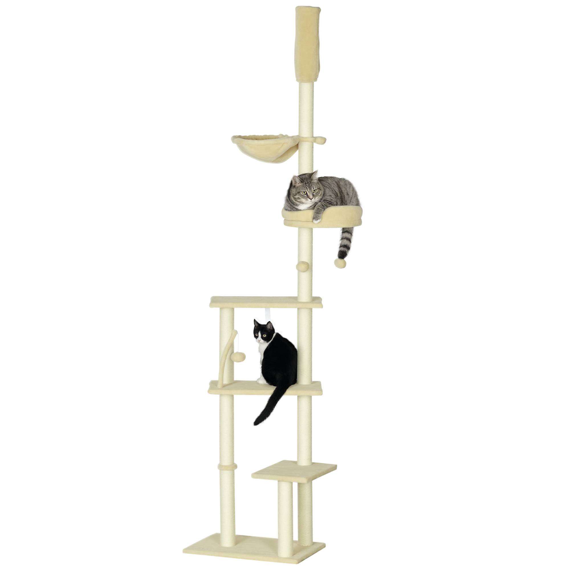 Arbre à chat beige sol plafond 230-250 cm, hauteur réglable, plateformes, paniers, hamac, balles, ajustable - Image 1