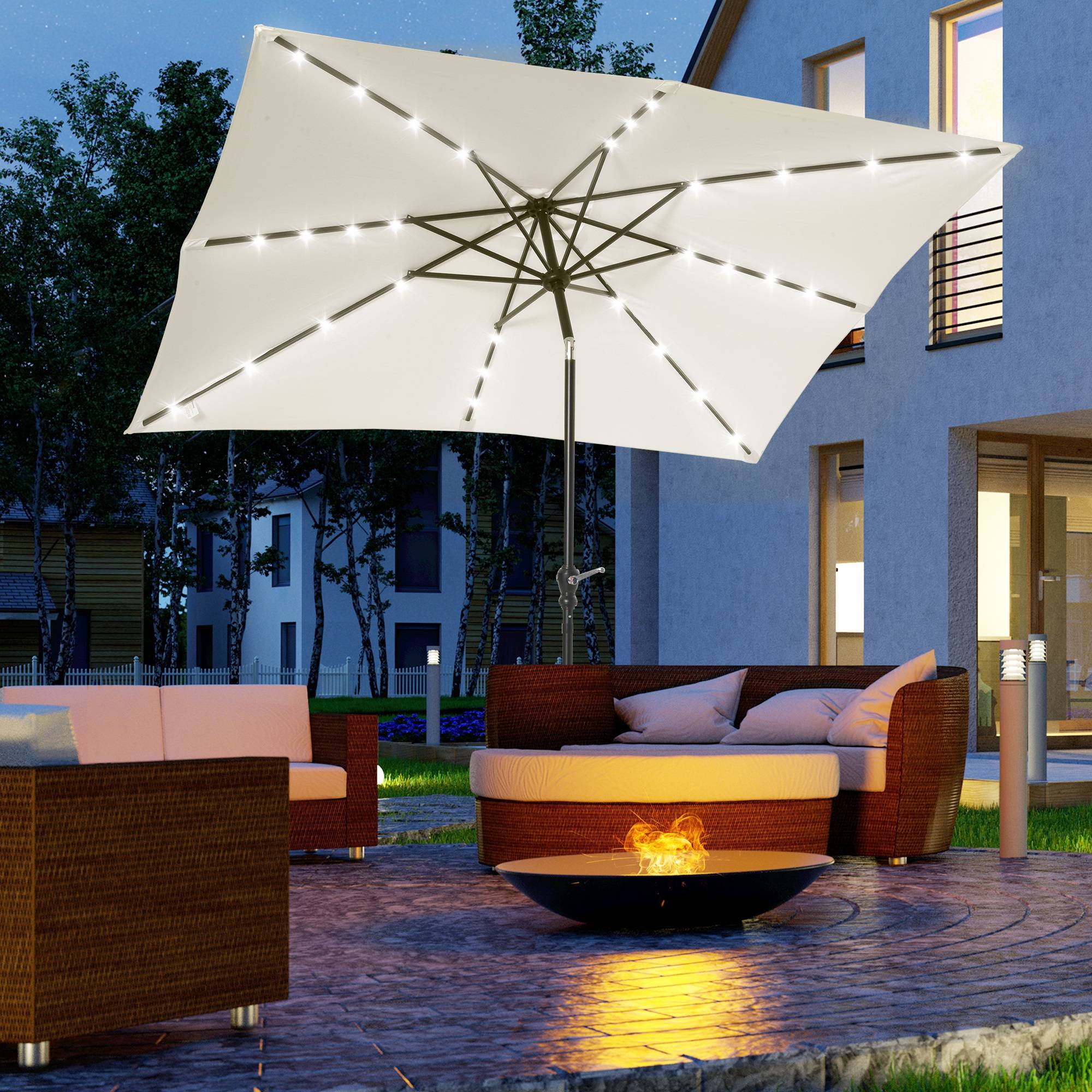 Parasol droit rectangulaire inclinable LED solaire en acier et polyester crème 268 x 205 x 248 cm - PANGIVO - Image 3