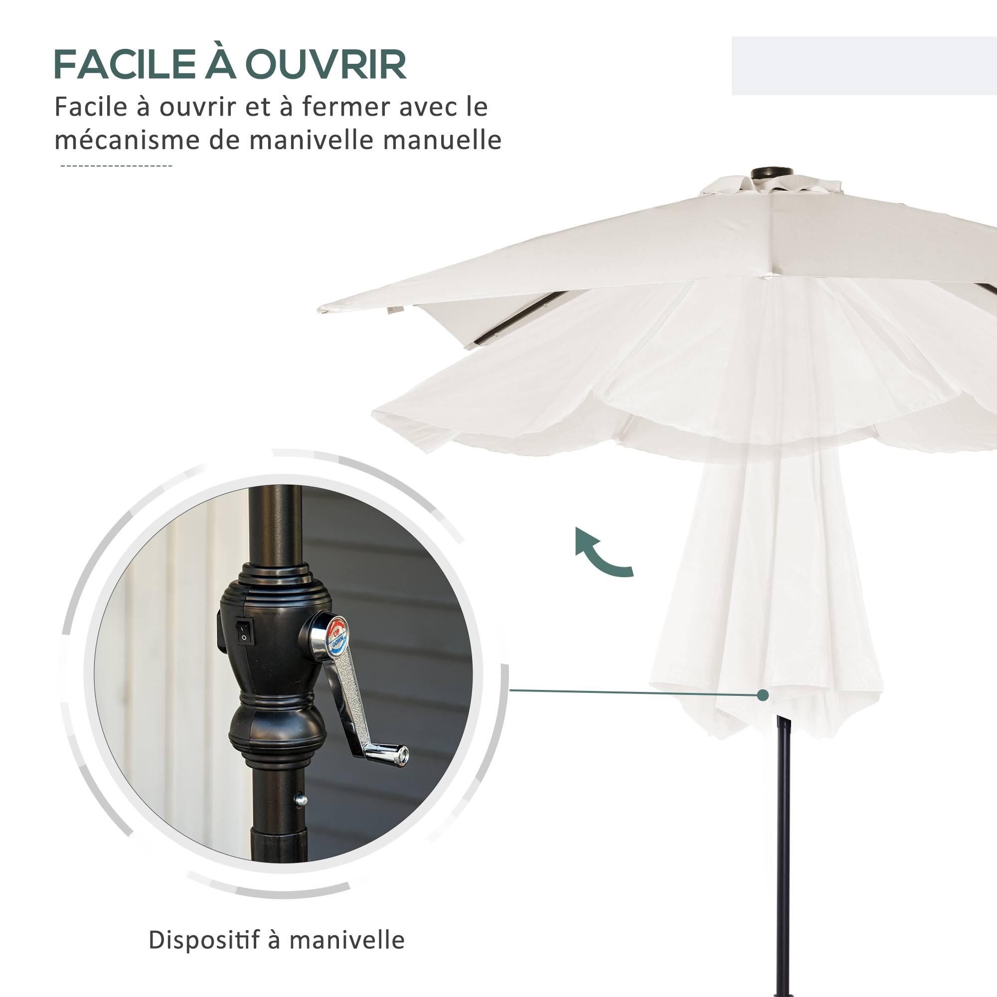 Parasol droit rectangulaire inclinable LED solaire en acier et polyester crème 268 x 205 x 248 cm - PANGIVO - Image 7