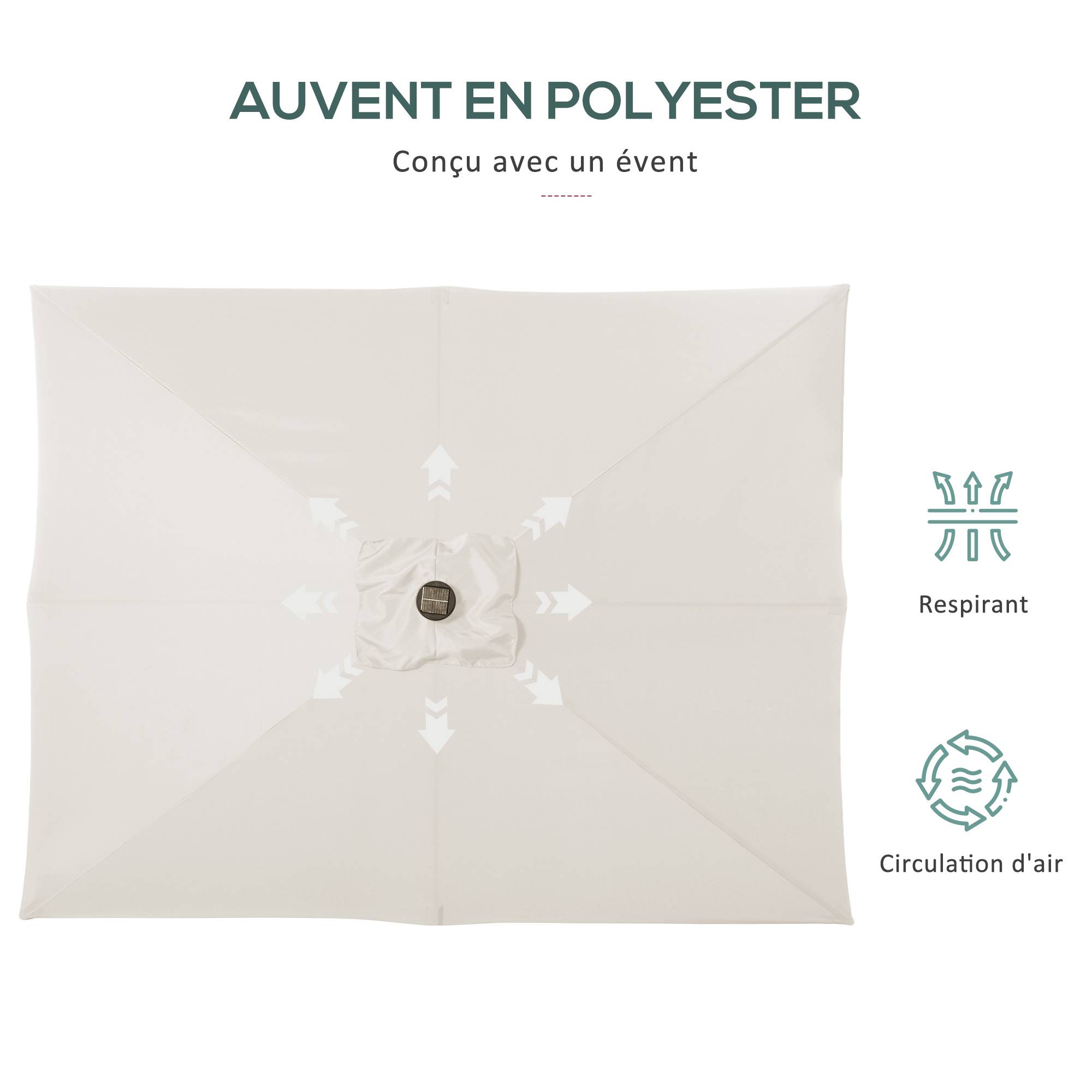 Parasol droit rectangulaire inclinable LED solaire en acier et polyester crème 268 x 205 x 248 cm - PANGIVO - Image 10