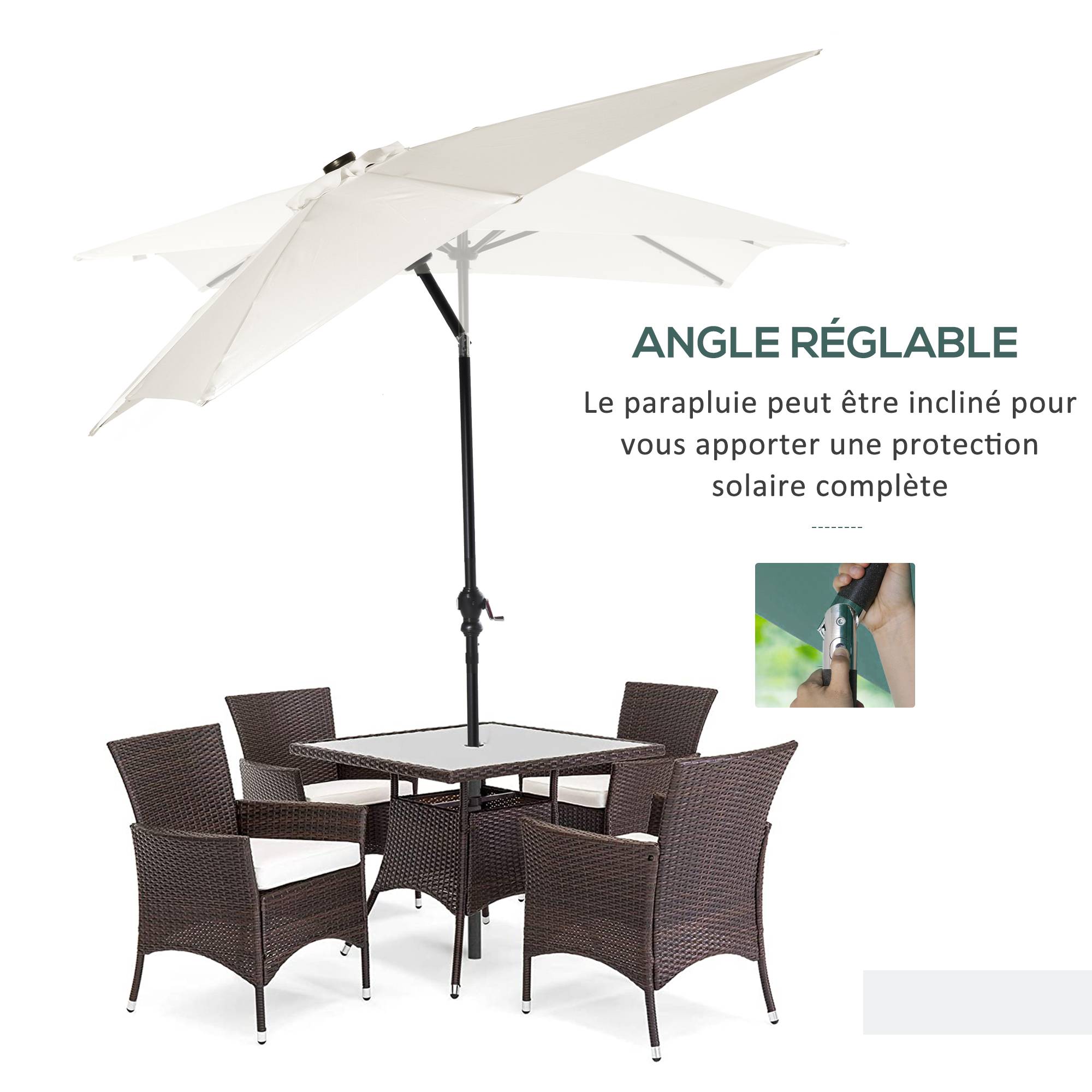 Parasol droit rectangulaire inclinable LED solaire en acier et polyester crème 268 x 205 x 248 cm - PANGIVO - Image 8