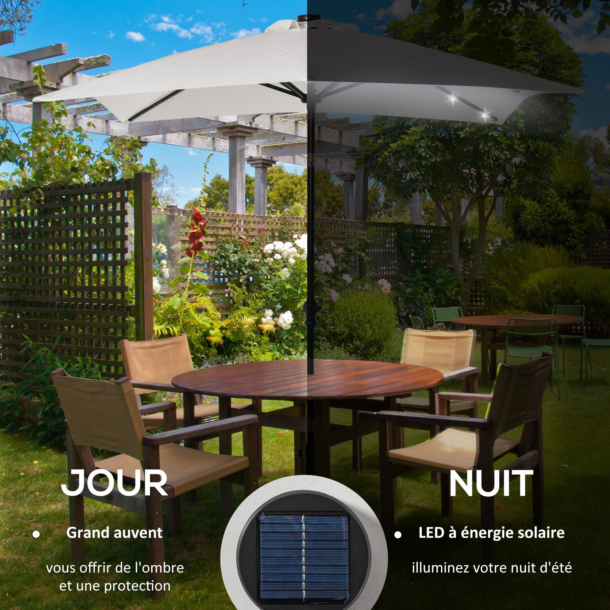 Parasol droit rectangulaire inclinable LED solaire en acier et polyester crème 268 x 205 x 248 cm - PANGIVO - Image 6