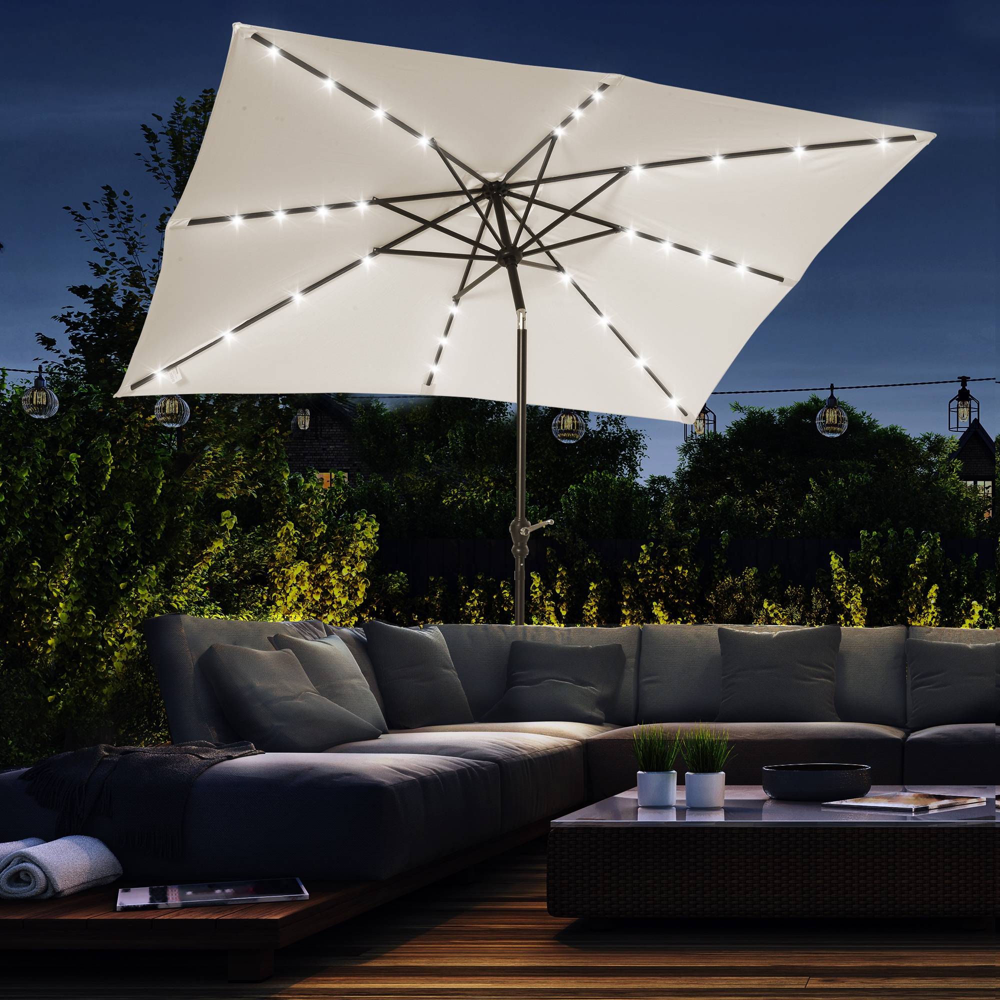 Parasol droit rectangulaire inclinable LED solaire en acier et polyester crème 268 x 205 x 248 cm - PANGIVO - Image 4