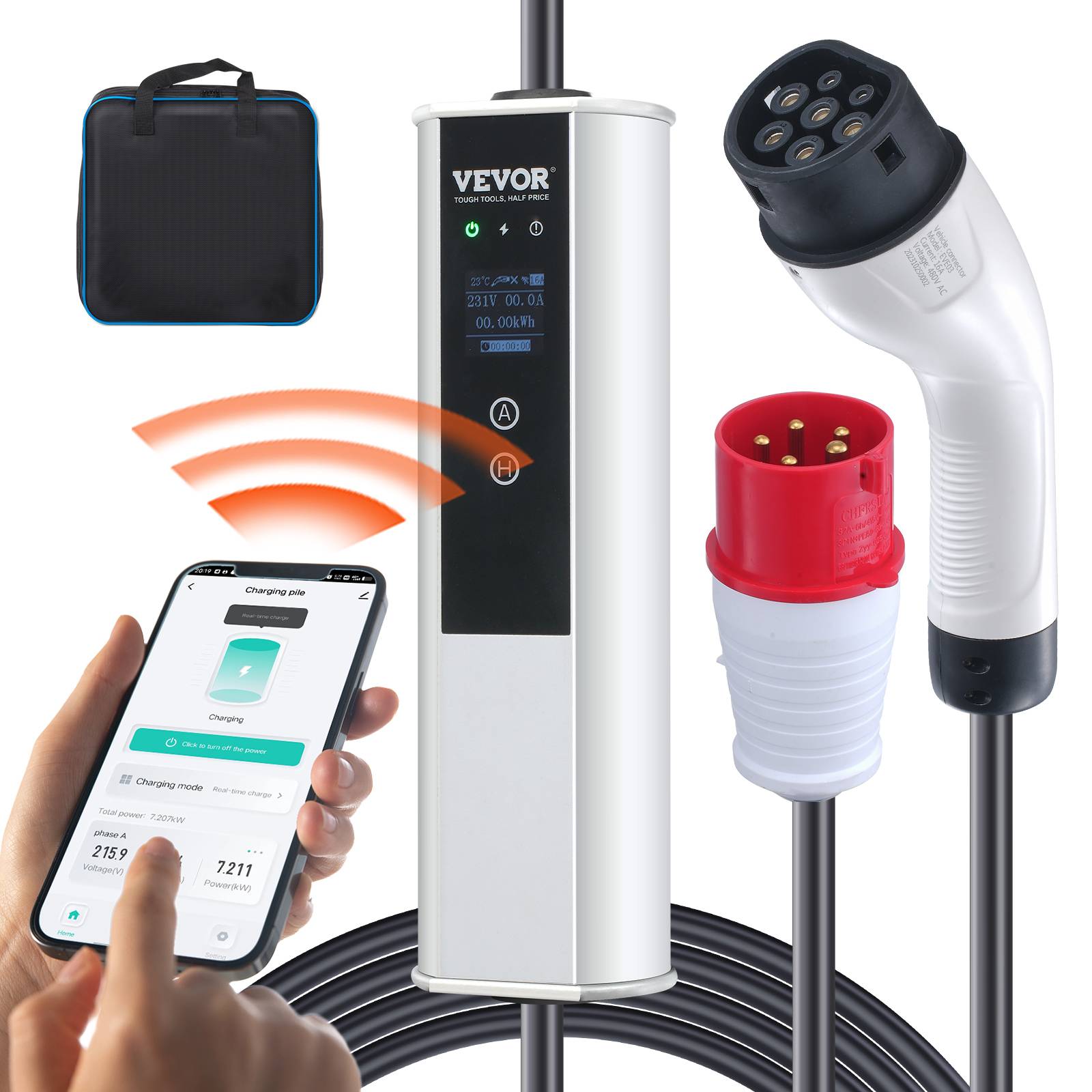 VEVOR Chargeur EV portable Type 2 IEC6219, 16A 3,68 kW mono/11 kW tri, câble 7,5 m, LCD IP66. - Image 1