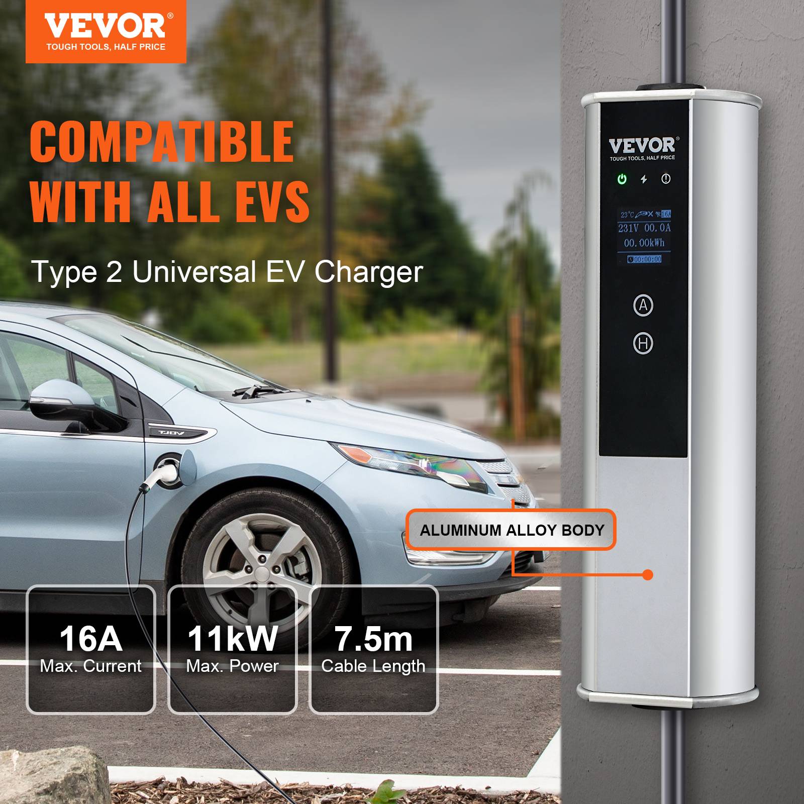 VEVOR Chargeur EV portable Type 2 IEC6219, 16A 3,68 kW mono/11 kW tri, câble 7,5 m, LCD IP66. - Image 2