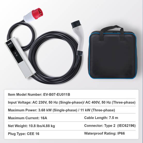 VEVOR Chargeur EV portable Type 2 IEC6219, 16A 3,68 kW mono/11 kW tri, câble 7,5 m, LCD IP66. - Image 7