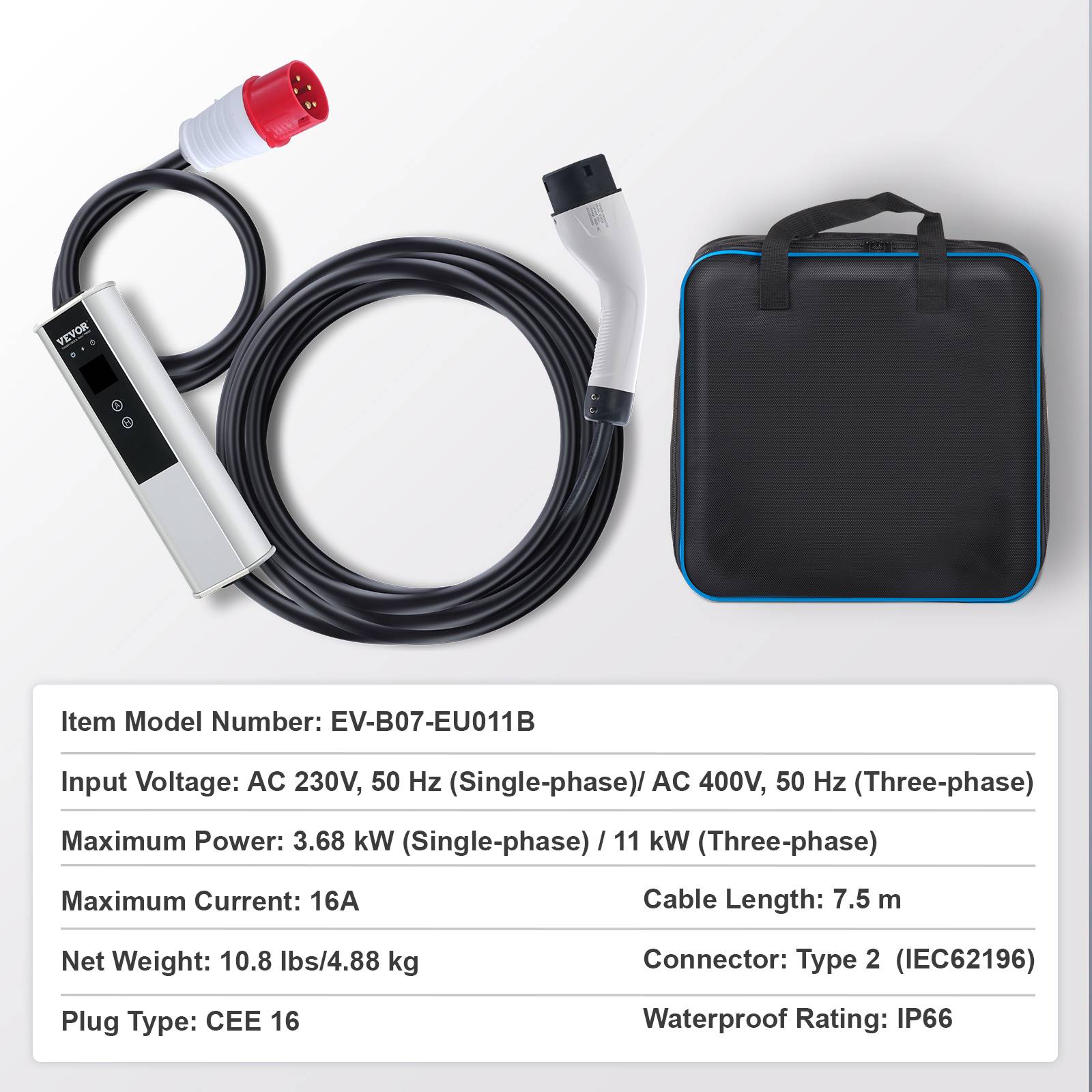 VEVOR Chargeur EV portable Type 2 IEC6219, 16A 3,68 kW mono/11 kW tri, câble 7,5 m, LCD IP66. - Image 7