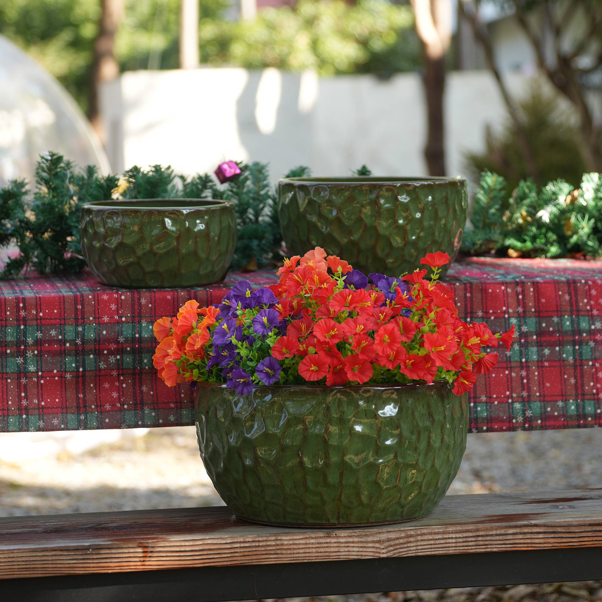 PANGIVO - Ensemble de 3 pots de fleurs en céramique émaillée, vert antique, Ø 38,1/30,5/25,4 cm - PANGIVO