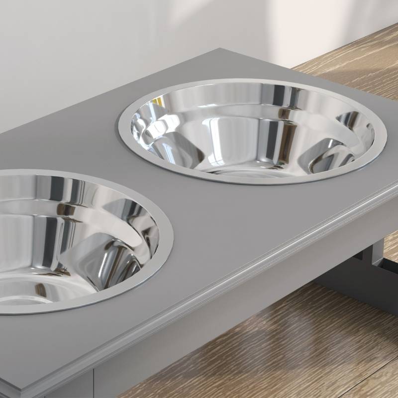 Support de gamelles surélevé intérieur 44 x 24 x 15 cm bois MDF acier inoxydable gris - PANGIVO - Image 5