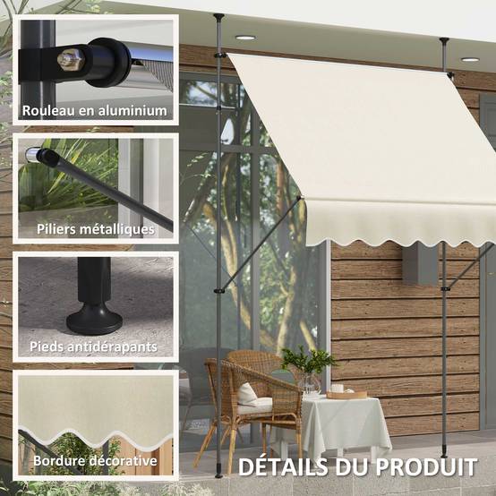 Store banne autoportant manuel rétractable 2L x 1,2l x 2,1-3H m inclinaison réglable métal alu polyester sable - Image 9