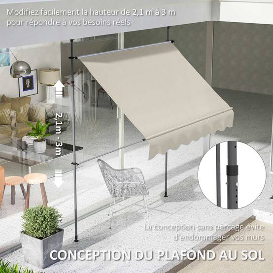 Store banne autoportant manuel rétractable 2L x 1,2l x 2,1-3H m inclinaison réglable métal alu polyester sable - Image 6