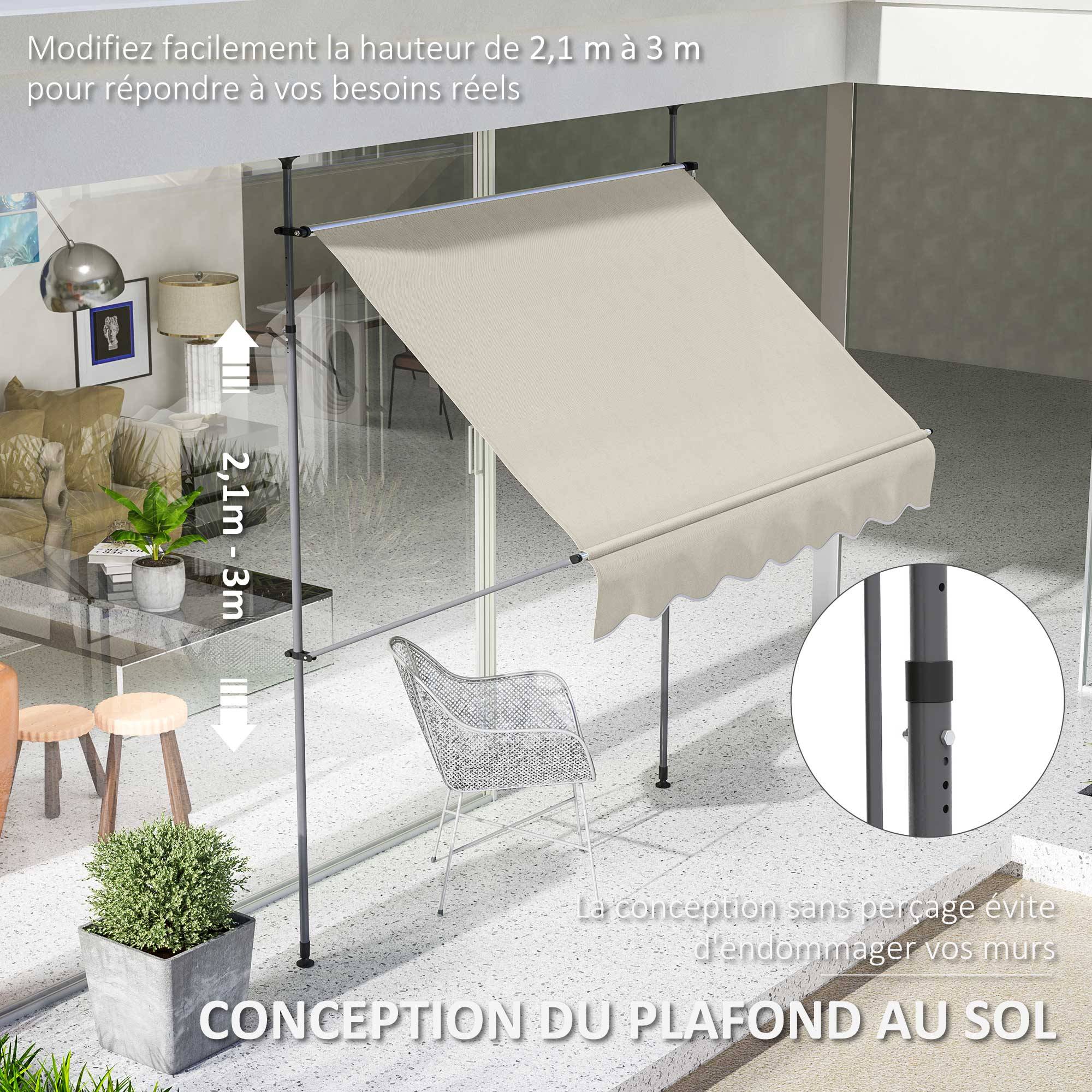 Store banne autoportant manuel rétractable 2L x 1,2l x 2,1-3H m inclinaison réglable métal alu polyester sable - Image 6