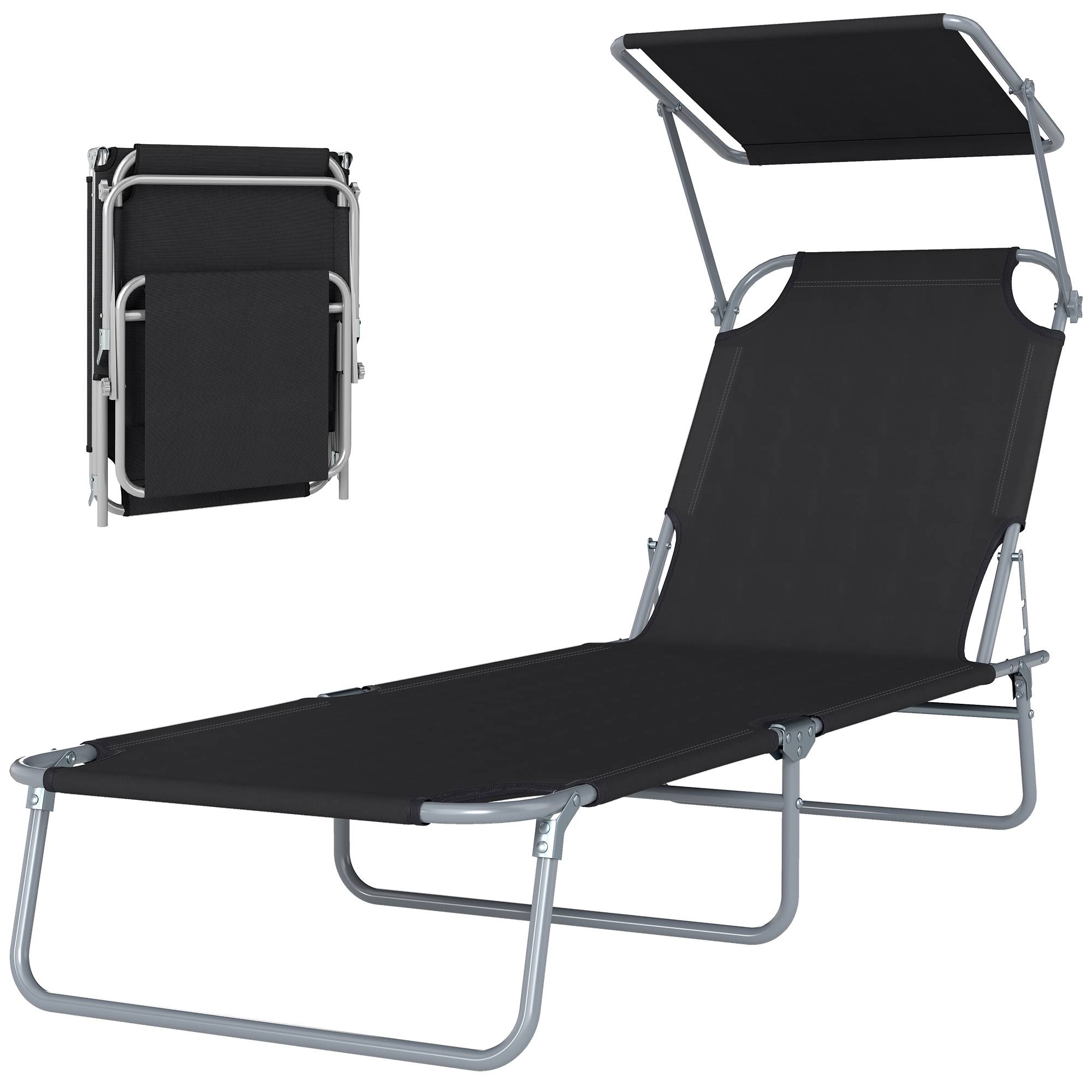 Chaise longue pliante confortable dossier inclinable multipositions pare-soleil réglable 187 x 58 x 36 cm noire - Image 2
