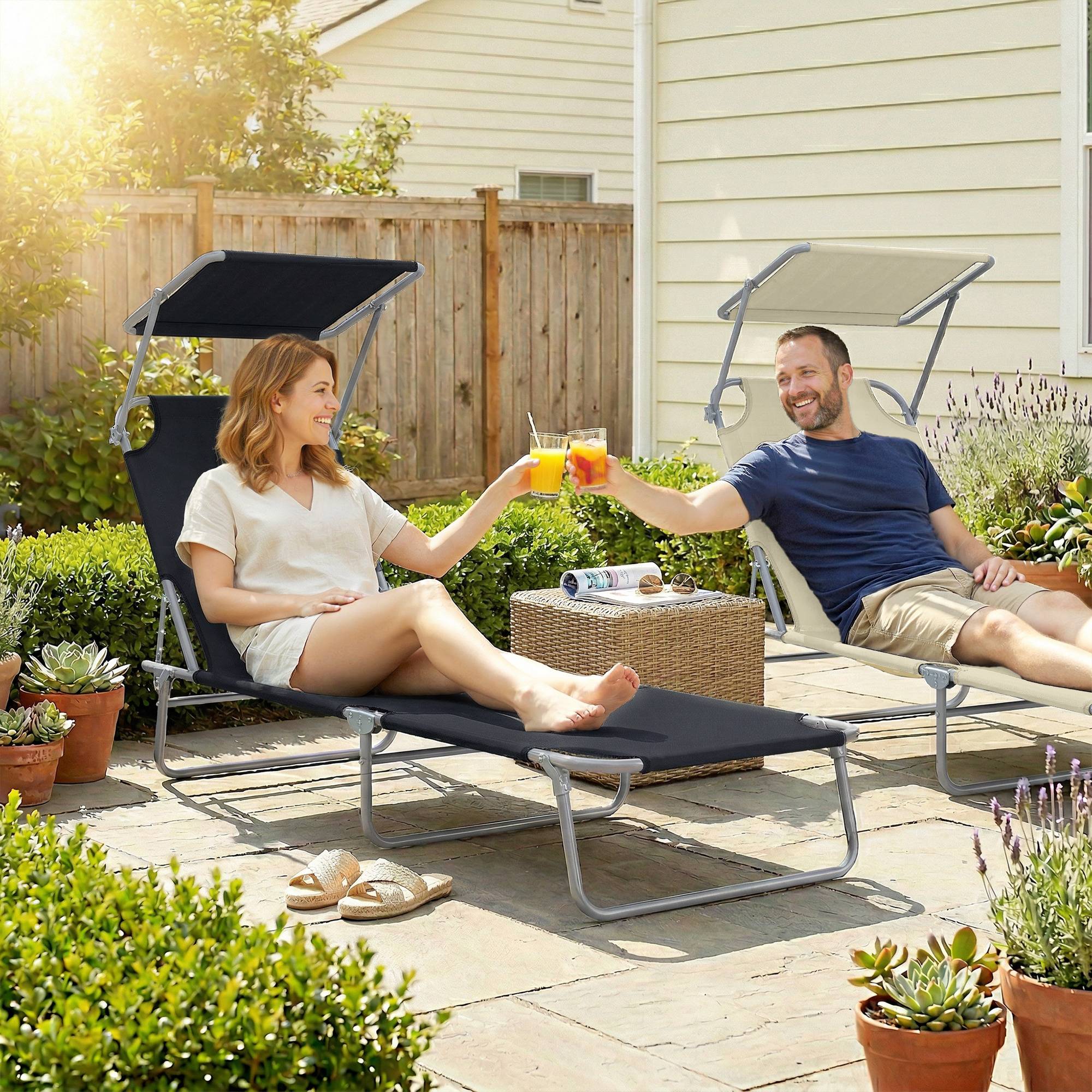Chaise longue pliante confortable dossier inclinable multipositions pare-soleil réglable 187 x 58 x 36 cm noire - Image 4