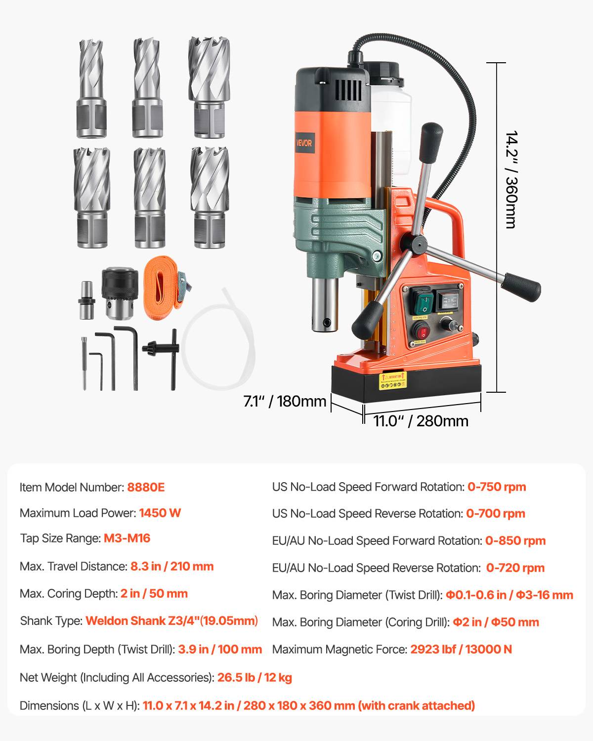 Vevor - VEVOR Perceuse Magnétique Portable 1450 W Diamètre de Carottage 50 mm 13000 N - Image 7