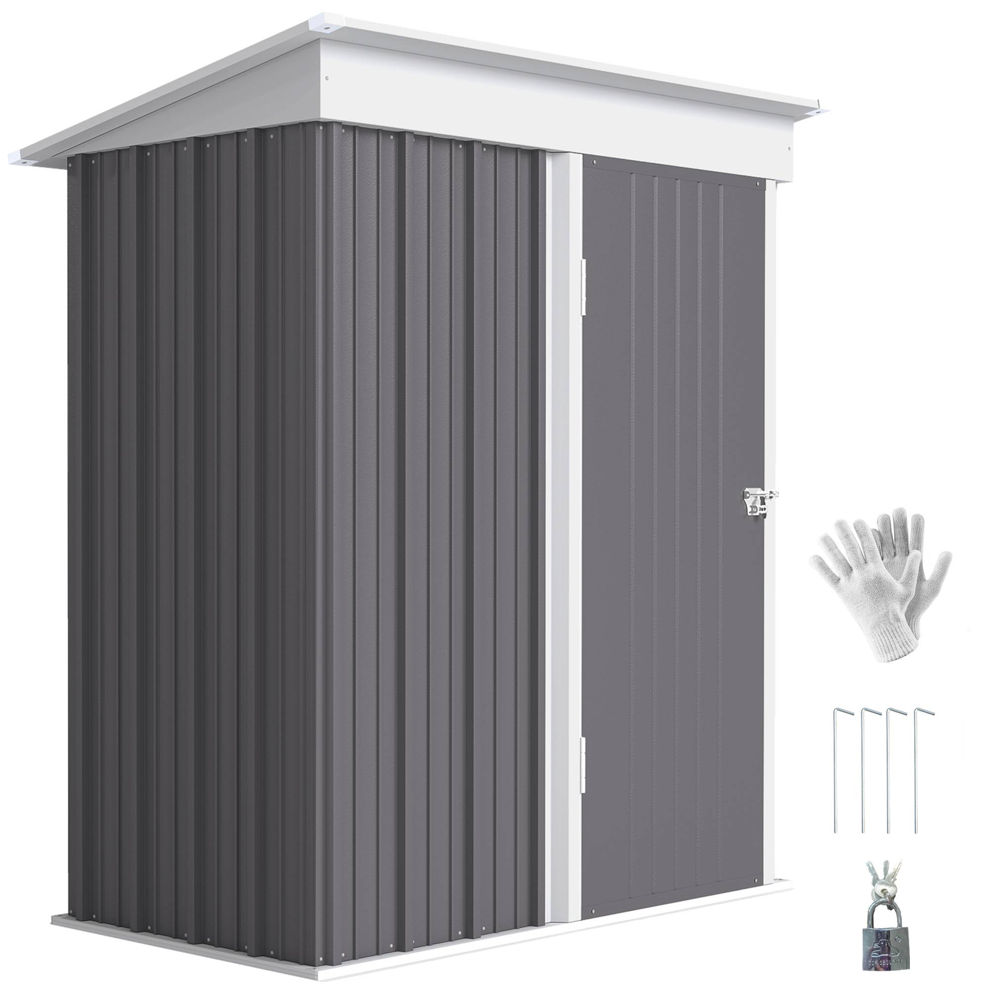 Abri de jardin mural tôle ondulée avec étagères réglables porte verrouillable gris - Image 1