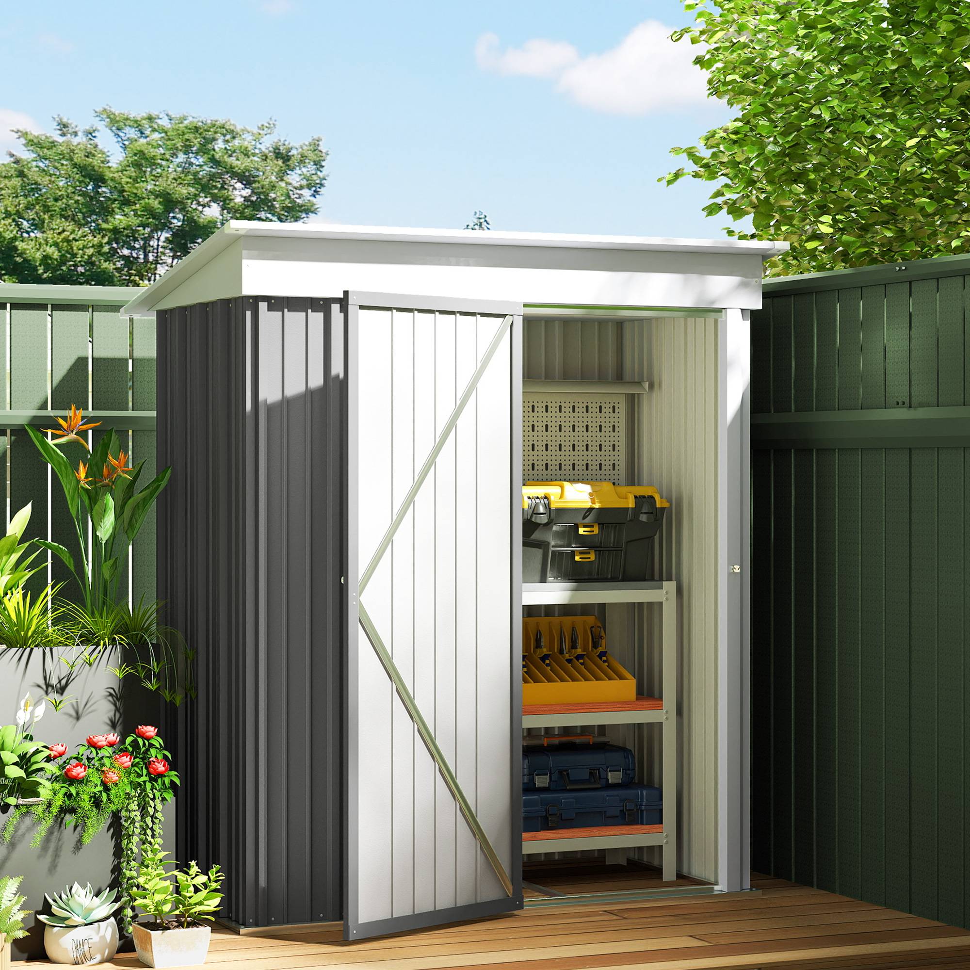 Abri de jardin mural tôle ondulée avec étagères réglables porte verrouillable gris - Image 4