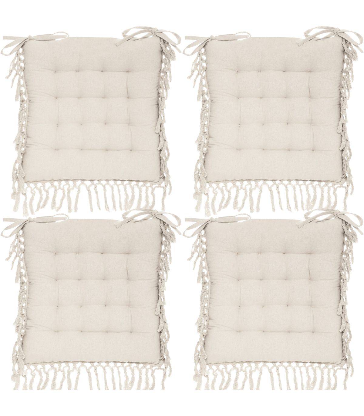 Lot de 4 Galettes de chaise en Coton Ivoire avec franges macramé 40 x 40 cm - Image 1