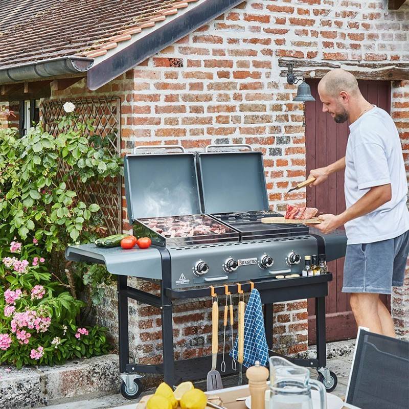Brasero - Plancha à gaz Margaux Gun Metal sur chariot équipé - BRASERO - 4 Feux à gaz - Plancha et Grill - 15 kW - Image 7