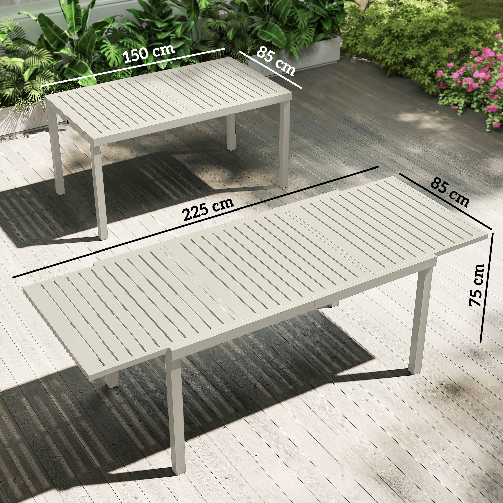 Table de jardin extensible aluminium extérieur 8 personnes plateau lattes 225cm blanc - ComfortXL Outdoor Living - Image 5