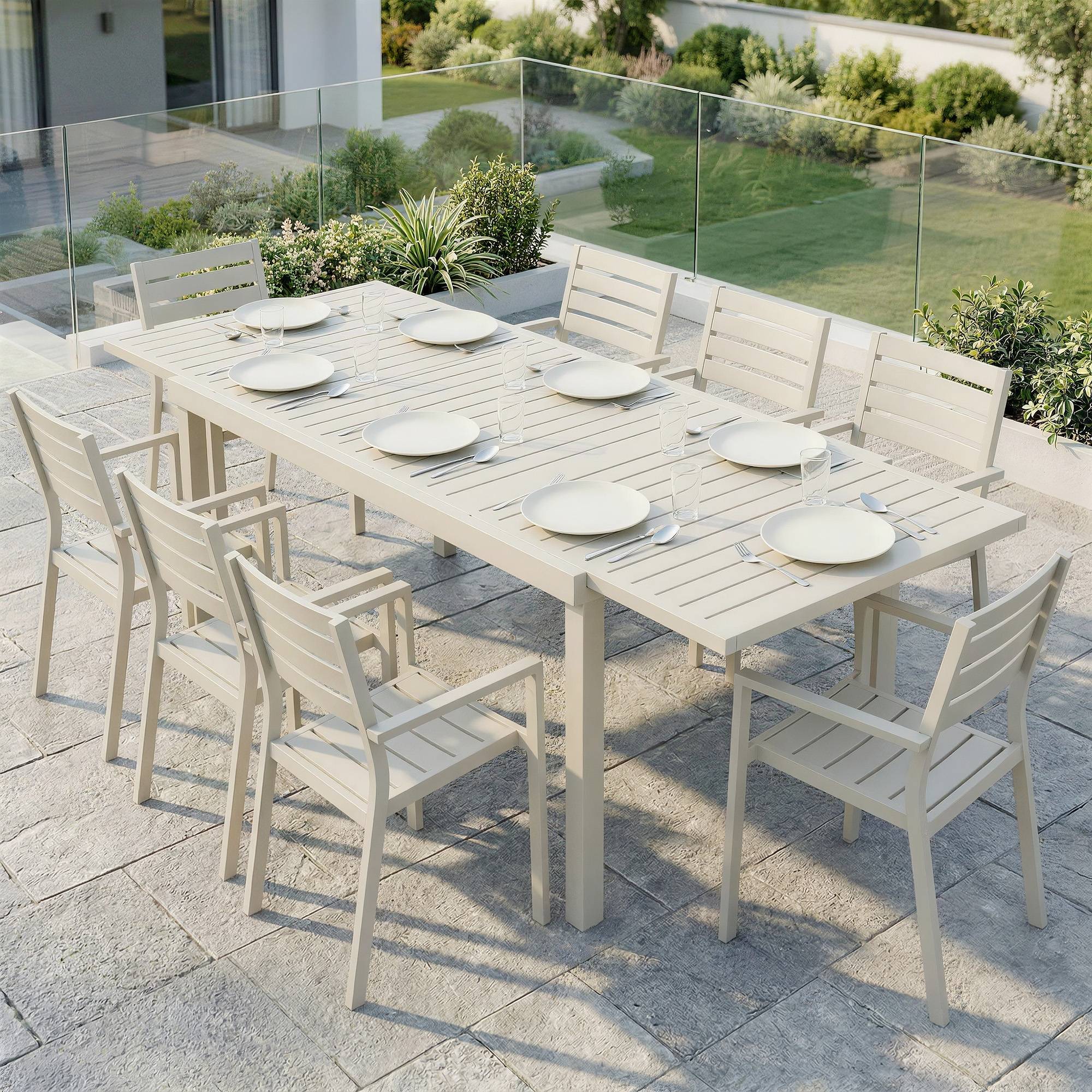 Table de jardin extensible aluminium extérieur 8 personnes plateau lattes 225cm blanc - ComfortXL Outdoor Living - Image 9