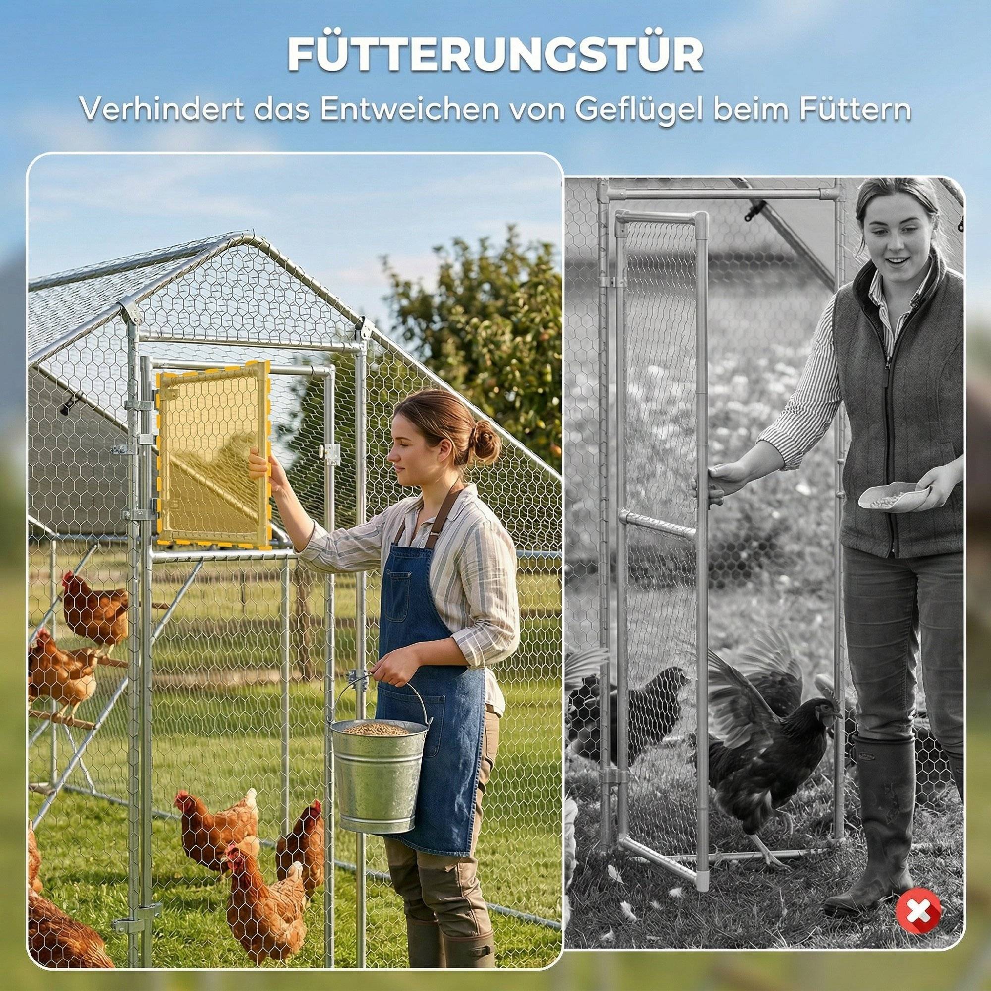 Poulailler, enclos pour poules élevées en plein air, avec bâche résistante aux UV, grillage en acier, mangeoire automatique, pour 12 à 18 poules - Image 8