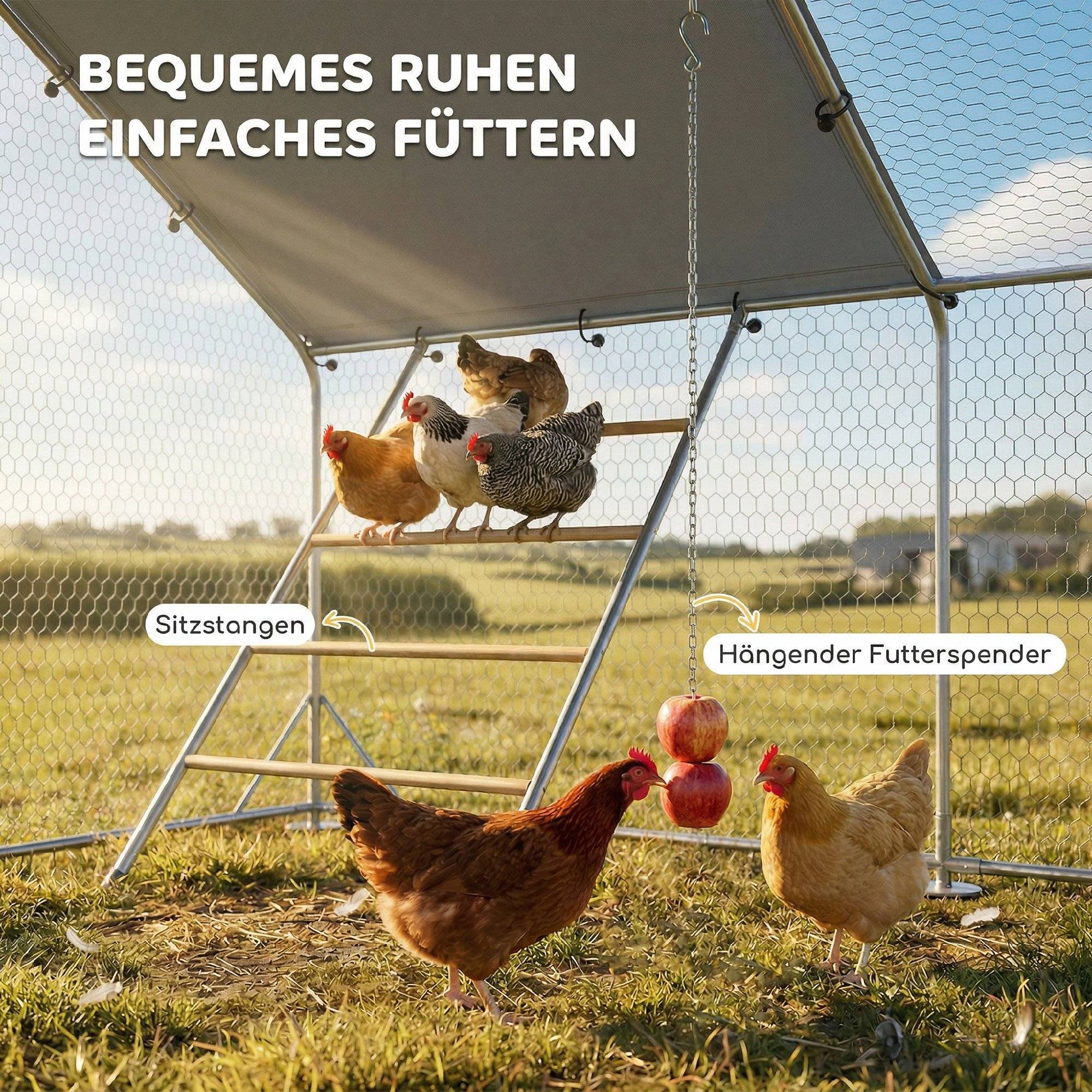 Poulailler, enclos pour poules élevées en plein air, avec bâche résistante aux UV, grillage en acier, mangeoire automatique, pour 12 à 18 poules - Image 7