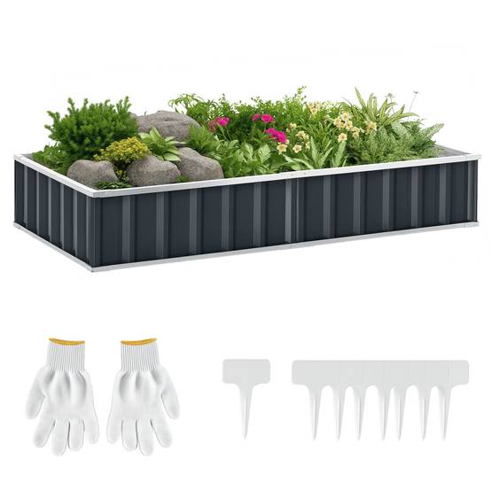 Jardinière Surélevée en Acier 174 x 90 x 30 cm avec Gants, Bac Rectangulaire pour Plantes et Fleurs, Terrasse/Balcon, Gris - Image 1