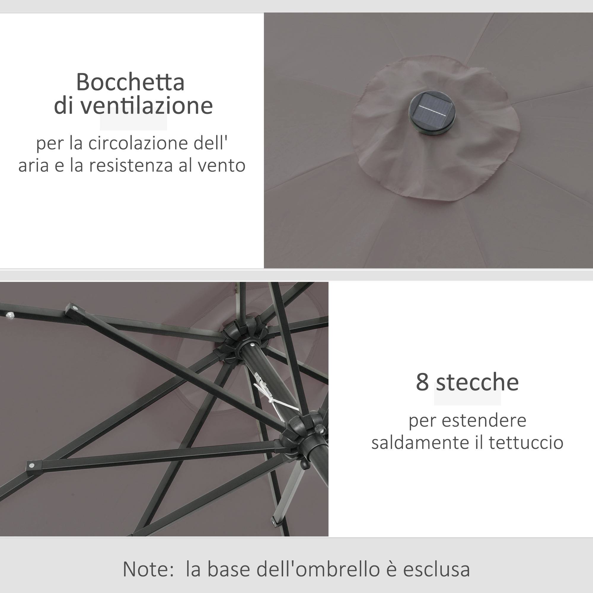Parasol de jardin inclinable Ø265 cm avec 32 LED solaires et manivelle, gris - Image 7