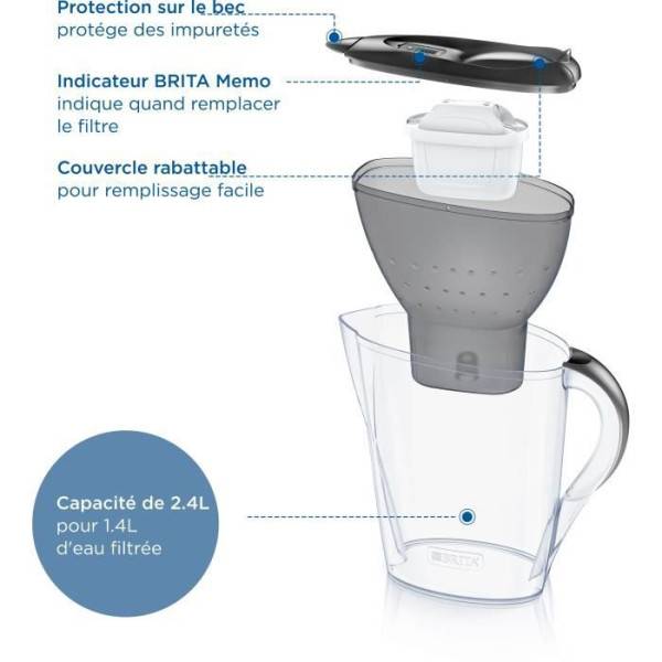 Carafe filtrante BRITA - Marella Graphite - Capacité 2,4L dont 1,4L d'eau filtrée - 1 Cartouche Maxtra Pro All-In-1 incluse - Image 4