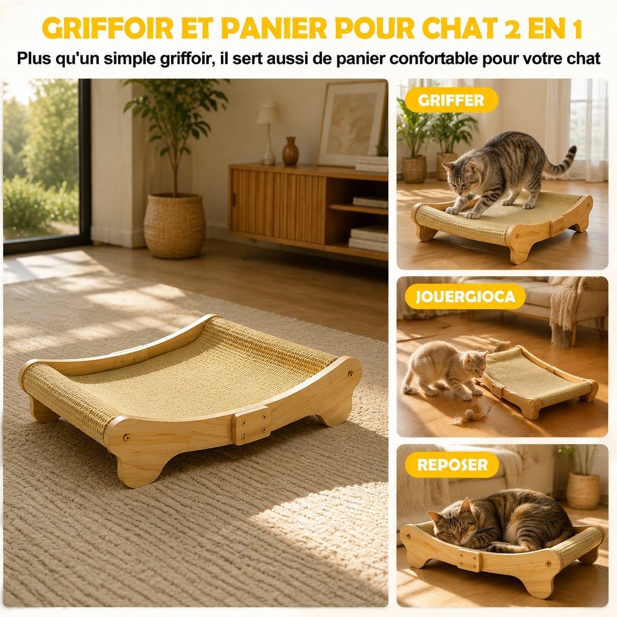 Grattoir Chat Horizontal Bois Hêtre Tissu Sisal 160 Degrés Design Moderne - Image 7