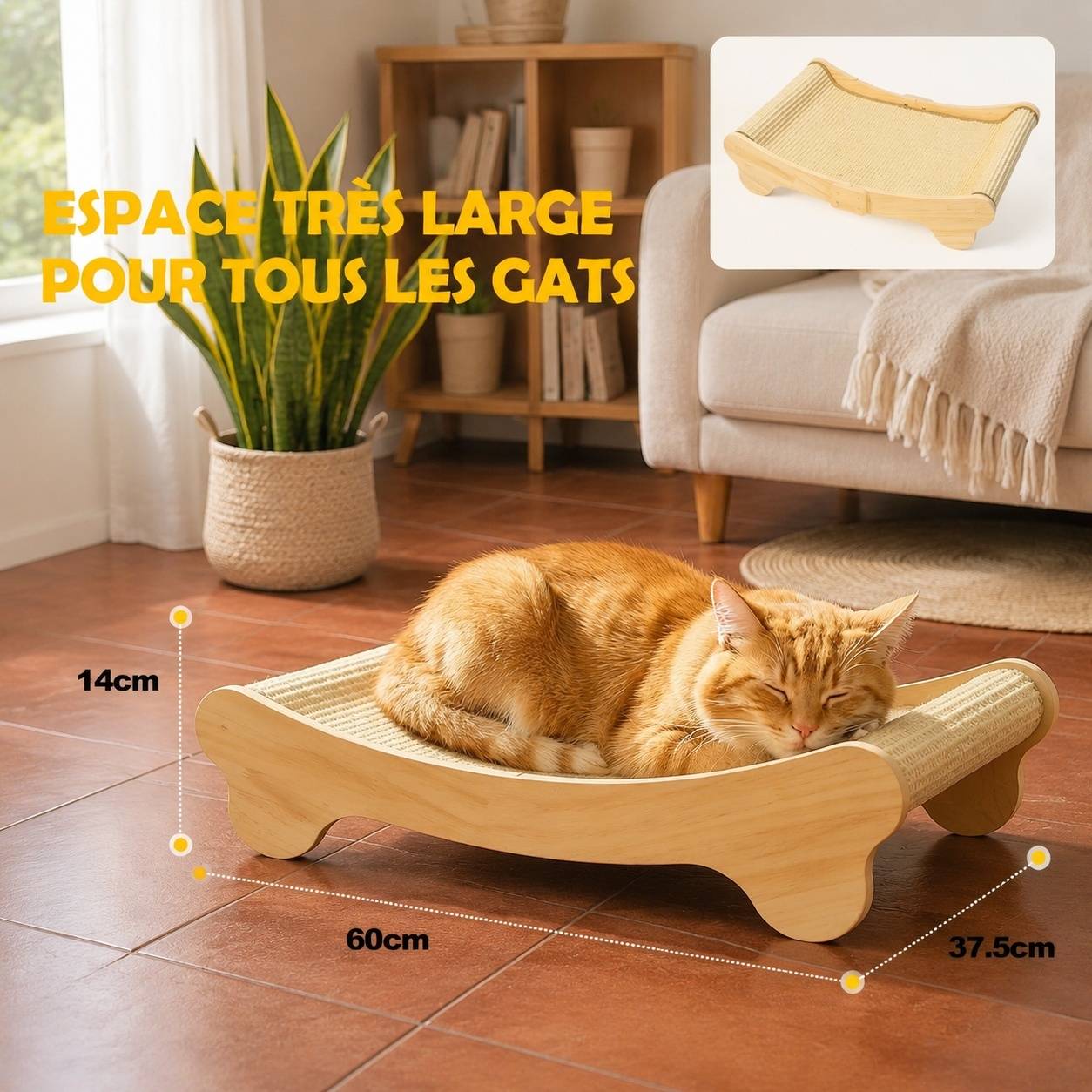 Grattoir Chat Horizontal Bois Hêtre Tissu Sisal 160 Degrés Design Moderne - Image 3