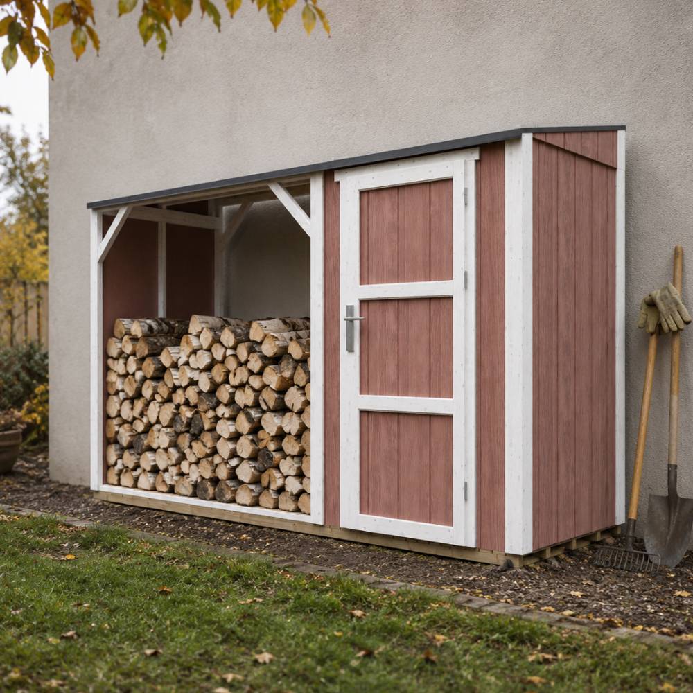 Timbela - Abri à bûches avec remise - 4,14 m² - 345x120xH220 cm - Abri pour bois de chauffage avec rangement - 10 mm d’épaisseur - M985-REDWOOD RED - Timbela - Image 1
