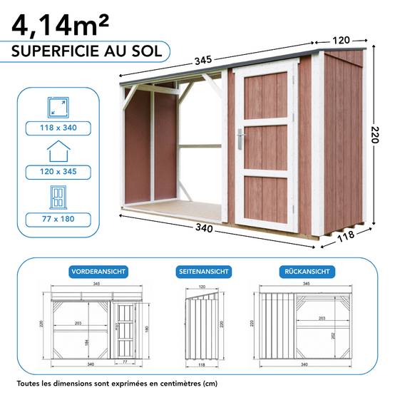 Timbela - Abri à bûches avec remise - 4,14 m² - 345x120xH220 cm - Abri pour bois de chauffage avec rangement - 10 mm d’épaisseur - M985-REDWOOD RED - Timbela - Image 8