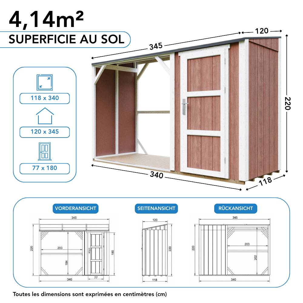 Timbela - Abri à bûches avec remise - 4,14 m² - 345x120xH220 cm - Abri pour bois de chauffage avec rangement - 10 mm d’épaisseur - M985-REDWOOD RED - Timbela - Image 8