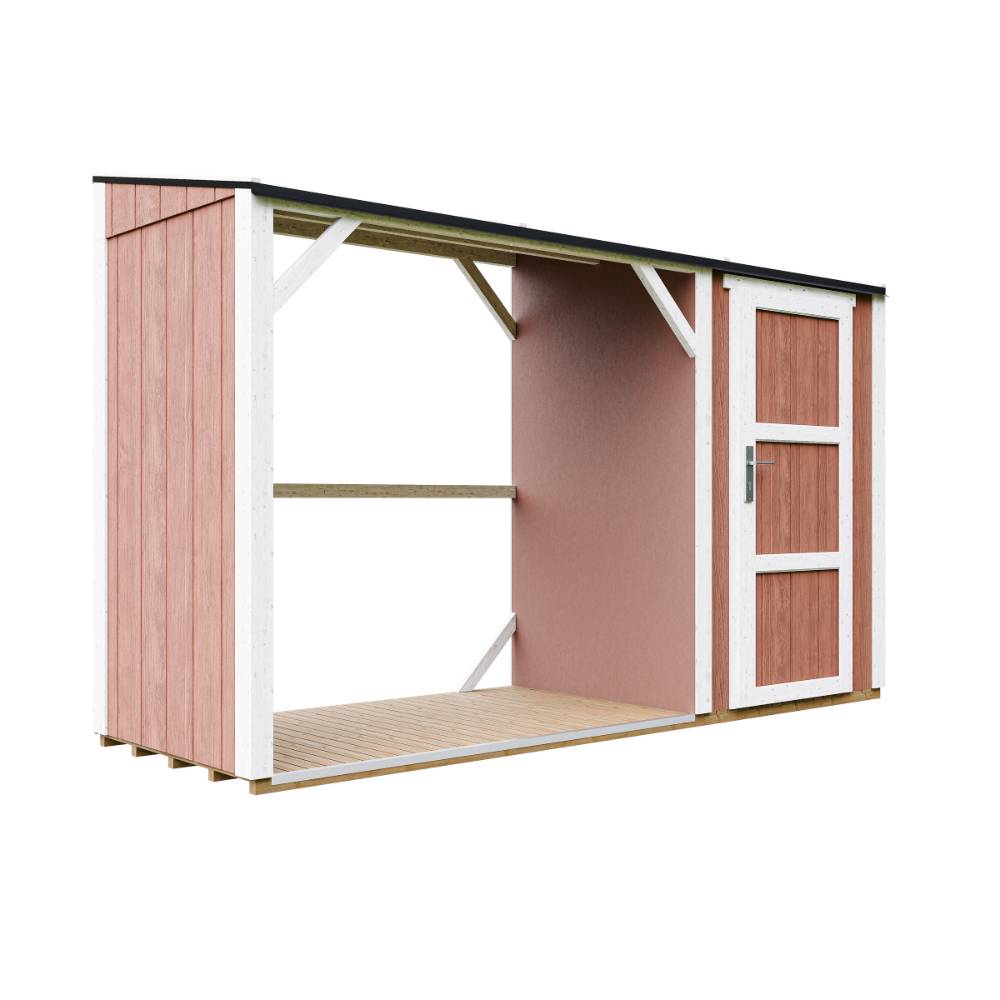 Timbela - Abri à bûches avec remise - 4,14 m² - 345x120xH220 cm - Abri pour bois de chauffage avec rangement - 10 mm d’épaisseur - M985-REDWOOD RED - Timbela - Image 3