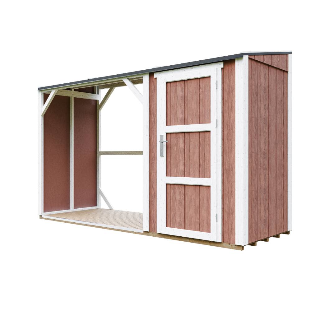 Timbela - Abri à bûches avec remise - 4,14 m² - 345x120xH220 cm - Abri pour bois de chauffage avec rangement - 10 mm d’épaisseur - M985-REDWOOD RED - Timbela - Image 4