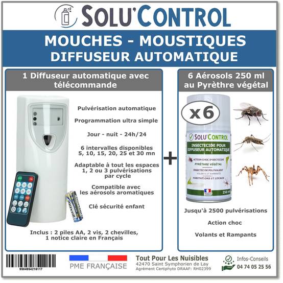 Kit Diffuseur Automatique avec Télécommande + 6 Aérosols au Pyrèthre Végétal 250 ml - Anti-Mouches & Anti-Moustiques - Image 1