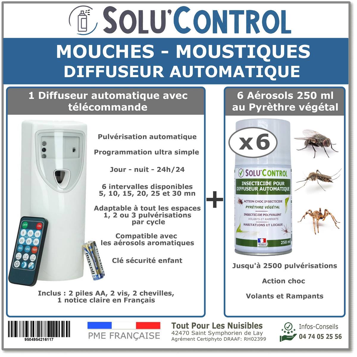 Kit Diffuseur Automatique avec Télécommande + 6 Aérosols  au Pyrèthre Végétal 250 ml - Anti-Mouches & Anti-Moustiques - Image 1