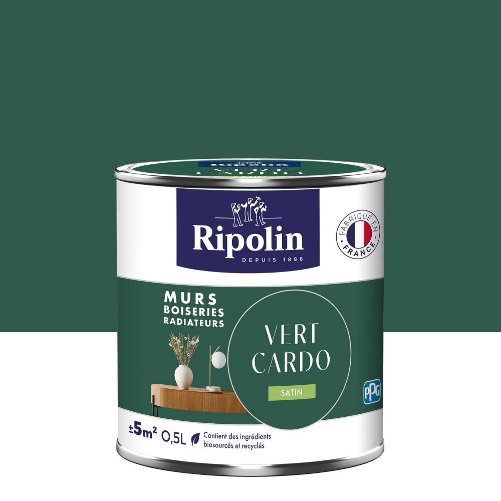 Ripolin - Peinture intérieur mur/boiserie/radiateur satiné, RIPOLIN, vert cardo, 0.5 litre