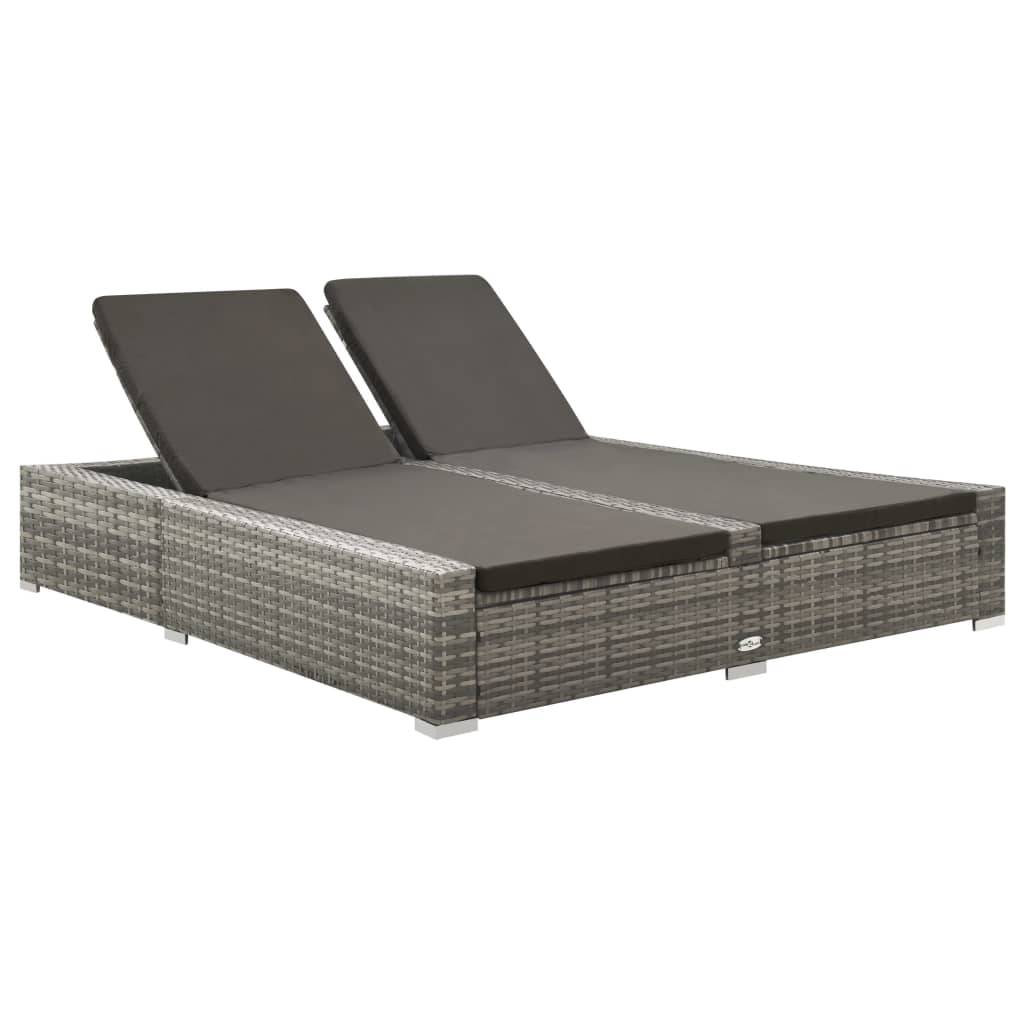 Bain de Soleil Double Large en Résine Tressée avec Dossiers Inclinables et Coussins Moelleux Gris – ComfortXL Outdoor Living - Image 1