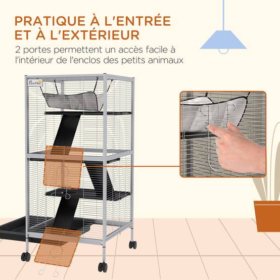 Cage rongeur métal pour furet et chinchilla 4 niveaux sur roulettes 52x113cm gris clair - ComfortXL Outdoor Living - Image 9