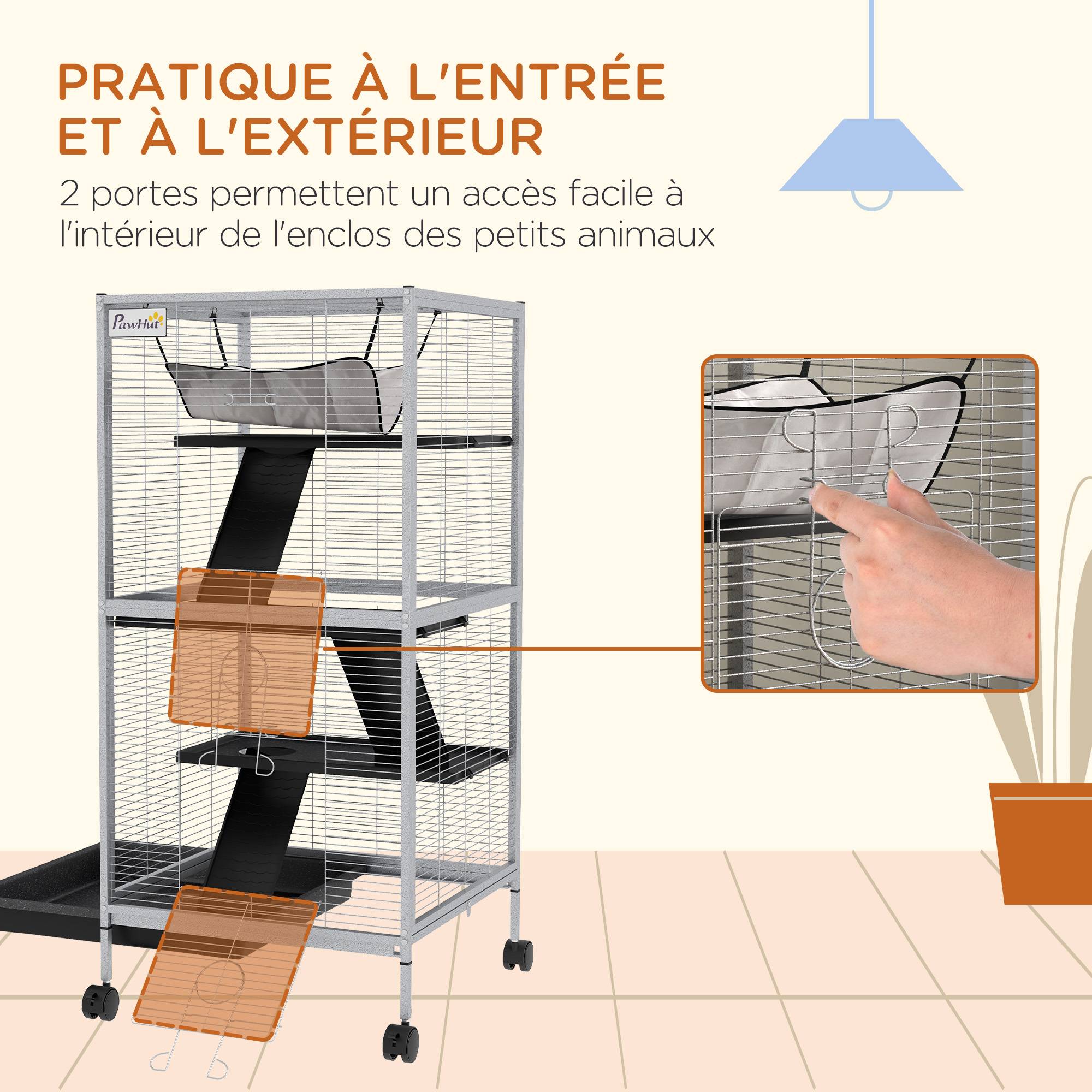 Cage rongeur métal pour furet et chinchilla 4 niveaux sur roulettes 52x113cm gris clair - ComfortXL Outdoor Living - Image 9